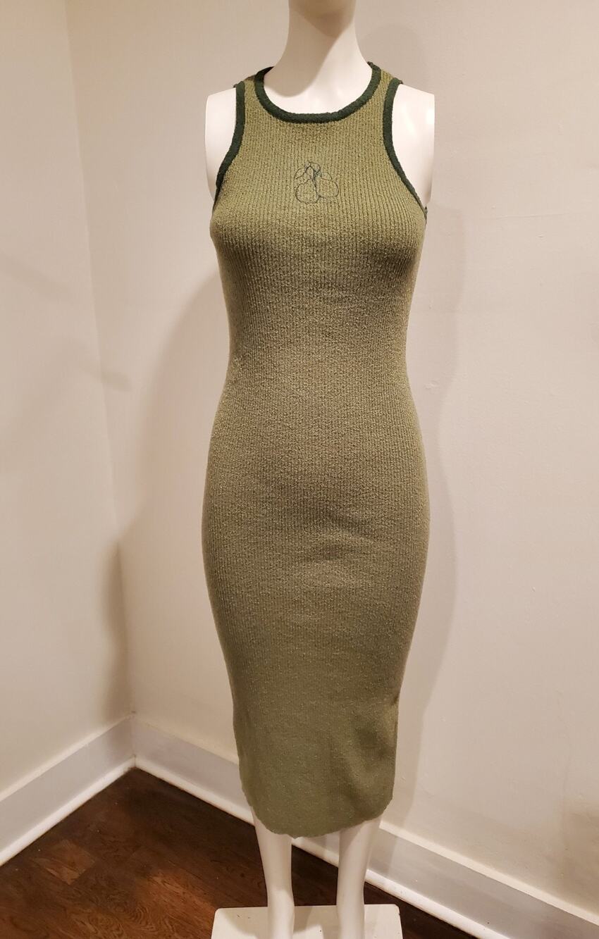 Another Girl Olive Green Pear Knit Midi Dress Embroidered Tank Bodycon